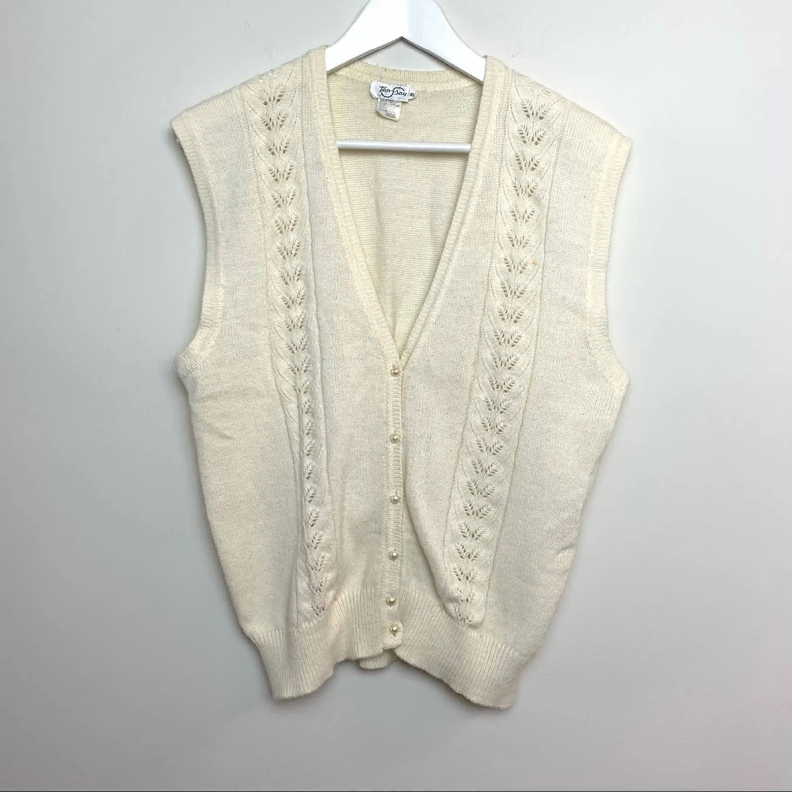 80s Tan F Jay Cream Knit Sweater Vest Pearl Buttons XL Grandpa Academia