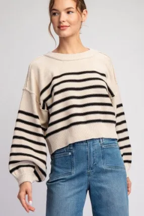 Sand   Black Stripe Crop Sweater with Balloon Sleeve